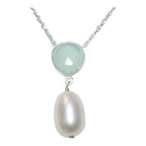 Genuine Aqua Chalcedony and Cultured White Freshwater Pearl Necklace